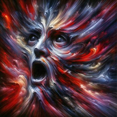 The primary subject of the image is a close-up of a person's face with an open mouth, possibly screaming. The setting is a colorful, abstract background that adds a vibrant and artistic touch to the scene. The visual style is a combination of photo and digital art, creating a unique and eye-catching representation of the person's face. The colors and mood of the image are predominantly red and blue, which contribute to a bold and intense atmosphere.